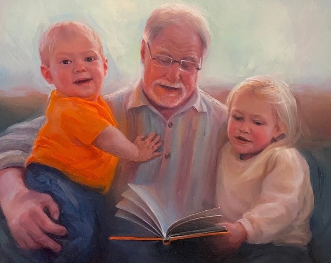 Storytime with grandpa family portrait oil painting commission by Brooke Walker-Knoblich