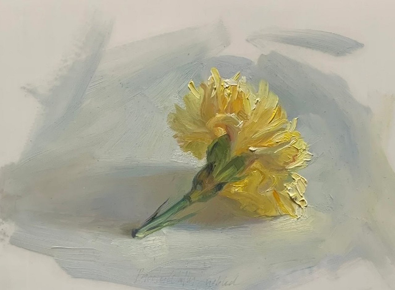 Yellow Carnation alla prima still life oil painting by Brooke Walker-Knoblich