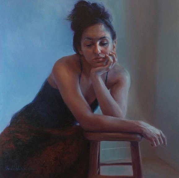 Self Portrait in Thai Skirt oil painting portrait by Portland artist Brooke Walker-Knoblich